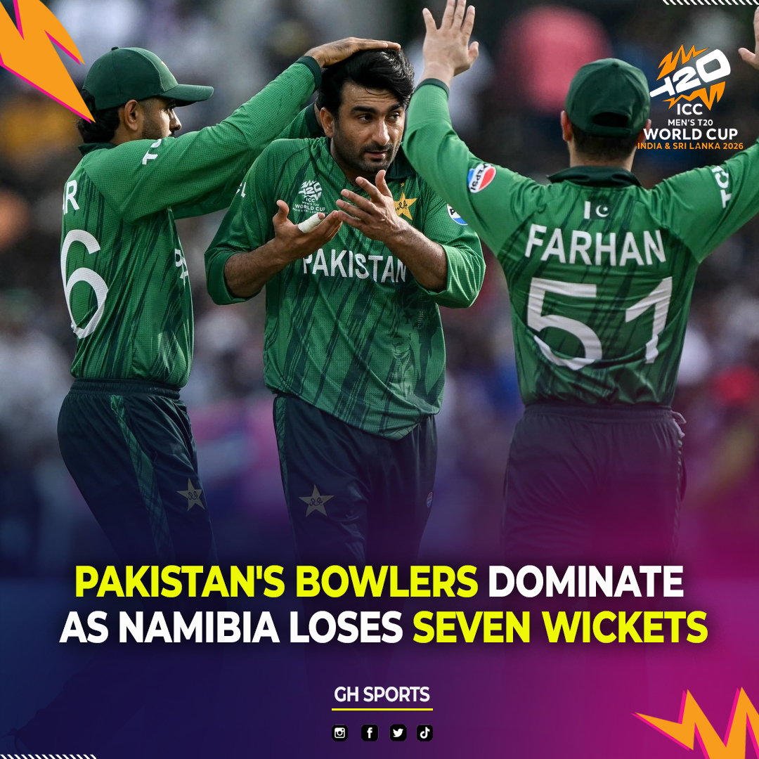 GHSports_'s tweet photo. Seven Down! Pakistan’s Bowlers Push Namibia to the Brink

#PakistanCricket #PAKvNAM #T20WorldCup2026 #WicketAlert #GreenShirts #ShadabKhan #MohammadNawaz #SalmanMirza #CricketUpdate #Super8Bound #GHsports https://t.co/52z6Hq8iWn
