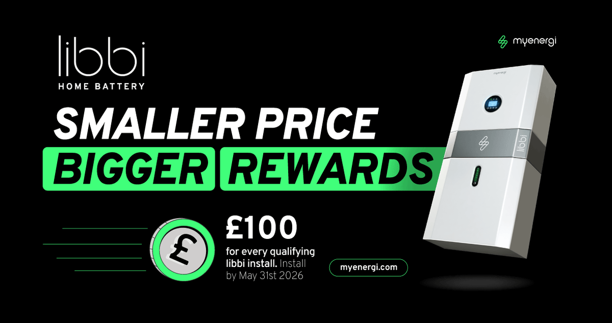 myenergiuk's tweet image. Get rewarded this spring. For every qualifying libbi inverter and battery bundle installed before the 31st of May 2026, you could earn £100. Simply submit a claim after every install. eu1.hubs.ly/H0rTPPW0

#libbi #solarbattery #ecohome #myenergi