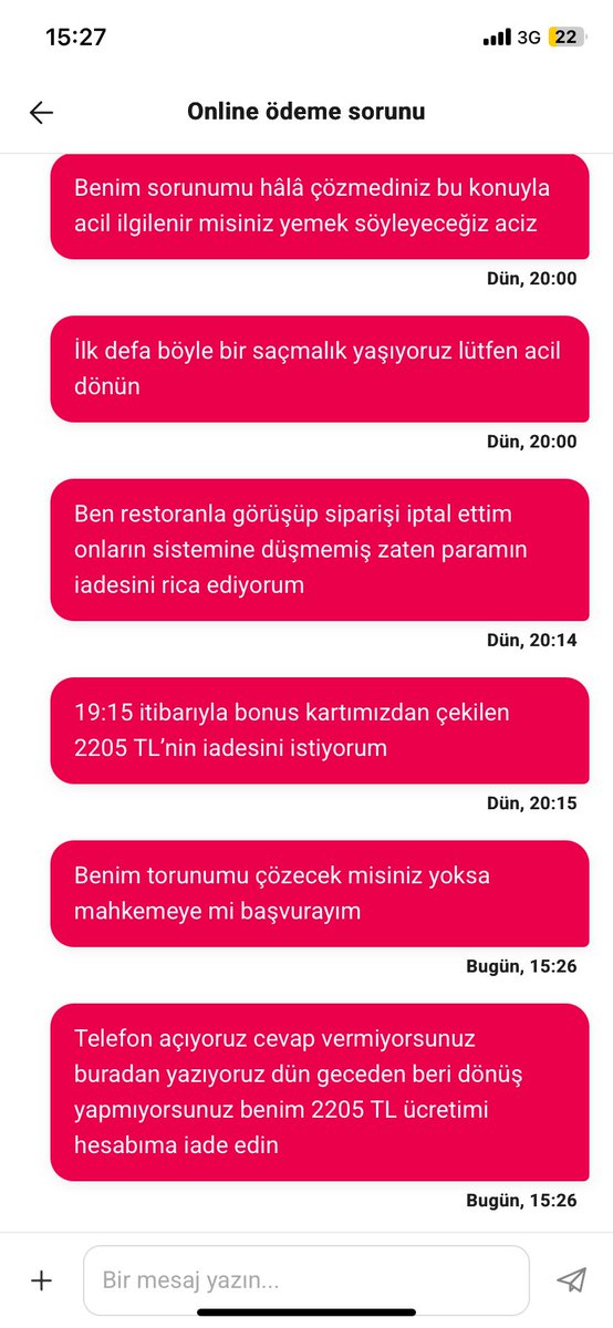 Yemeksepeti dün geceden beri verdiğimiz siparişi hesaptan çekip online mobil üzerinde hata kodu verip ne yemeği teslim ettiler ne de iş gün içinde dönüş yaptılar mobil numaraları aradığımızda kesinlikle müşterilere cevap vermiyorlar çözülmesini istiyorum <a href="/yemeksepeti/">Yemeksepeti</a> <a href="/ys_market/">Yemeksepeti Market</a>