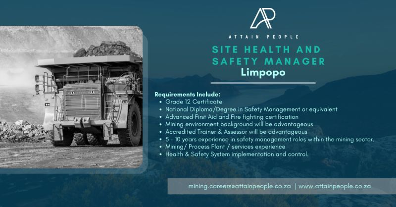 mzansi_employs's tweet photo. Vacancy for a talented Site Health and Safety Manager to join a team in Limpopo!

Requirements:
- Grade 12 Certificate 
- National Diploma/Degree in Safety Management or equivalent 
- Advanced First Aid and Fire fighting certification
- Mining environment background will be advantageous 
- Accredited Trainer & Assessor will be advantageous
- 5 - 10 years experience in safety management roles within the mining sector.
- Mining/ Process Plant / services experience
- Health & Safety System implementation and control.

 If you are interested and meet the requirements for this position, email your CV to mining.careers@attainpeople.co.za 
Alternatively, you can contact the team on 021 180 4090 or visit our website https://t.co/PTeo8mh7KZ 

Please note that only short-listed candidates will be contacted. Should you not hear from us within one week, please consider your application as unsuccessful.

#Vini #MadlangaCommission #WeDoMoreWednesdays #Sibiya #BraaiOClock #brutallybeautiful