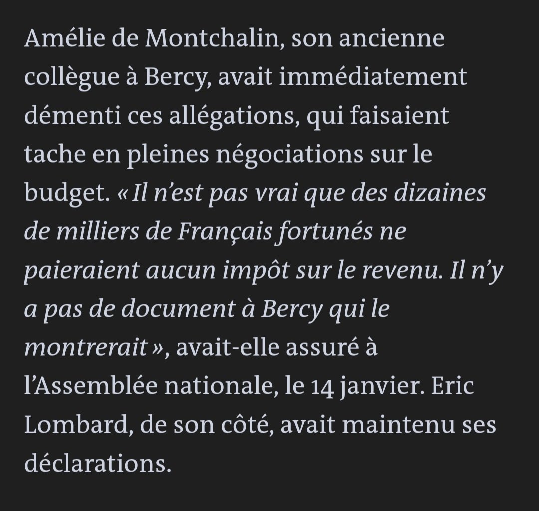 La future première présidente de la <a href="/Courdescomptes/">Cour des comptes</a> et actuelle ministre des Comptes publics <a href="/Economie_Gouv/">Ministère de l'Économie et des Finances</a>, <a href="/AdeMontchalin/">Amélie de Montchalin</a>, a donné des fausses informations le 14 janvier 2026 à <a href="/AssembleeNat/">Assemblée nationale</a> sur la situation fiscale des contribuables les plus fortunés.