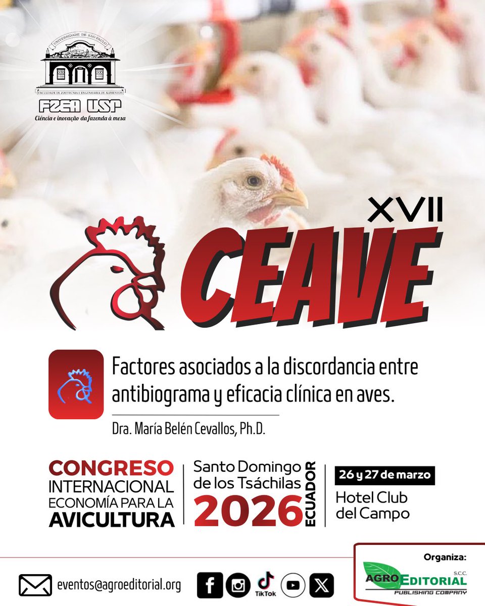 📢 Conferencia Magistral | CEAVE 2026

👨‍🔬 Dra. María Belén Cevallos, Ph.D.
🇪🇨 Ecuador
📅 26 y 27 de marzo
📍 Hotel Club del Campo – Santo Domingo de los Tsáchilas

🤝 Contenido técnico de alto nivel.
👉 eventos@agroeditorial.org

#CEAVE2026 #AviculturaEc #AviculturaLATAM