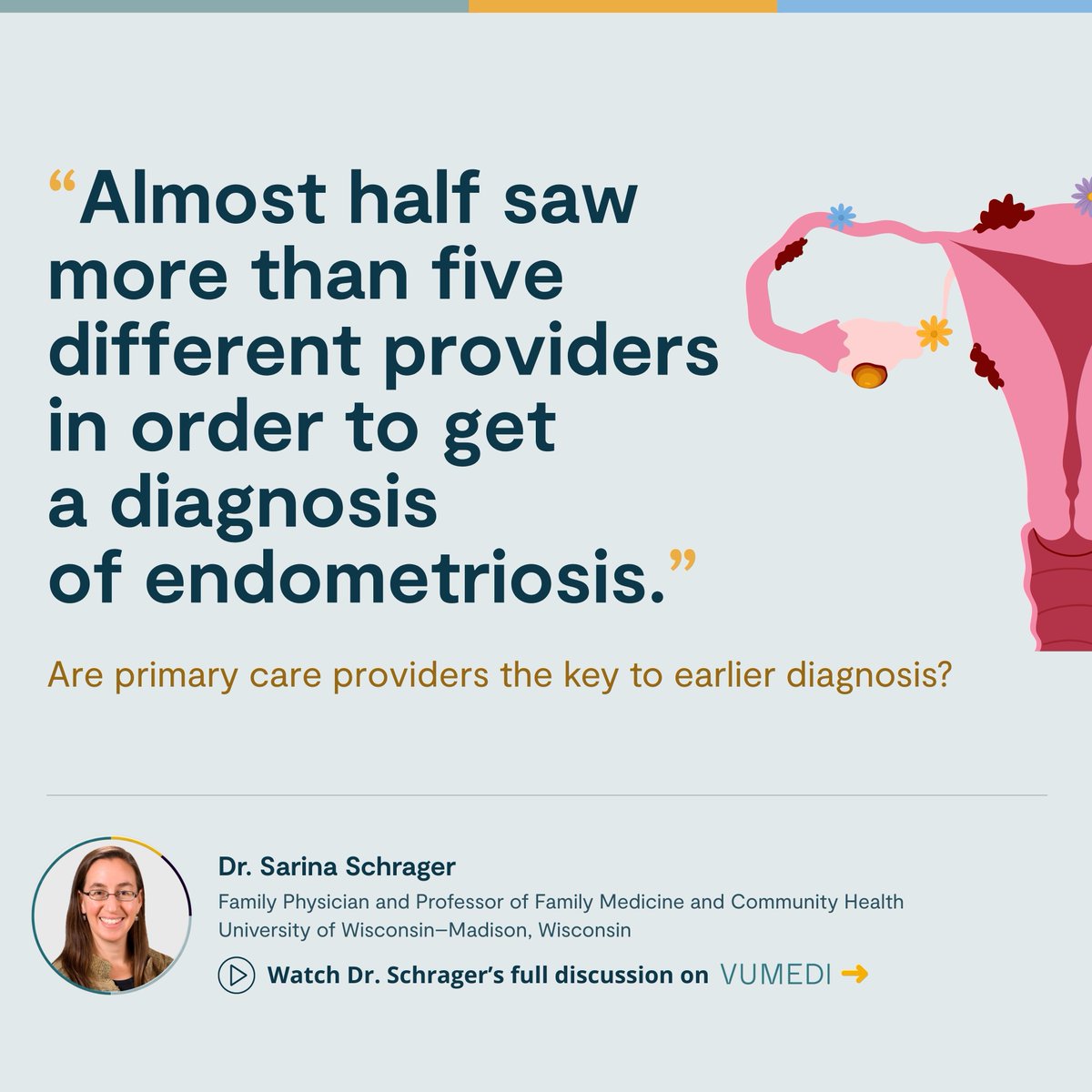🌻 Seven to eleven years.
That’s the average time from symptom onset to diagnosis and treatment for endometriosis.

Dr. <a href="/SchragerSarina/">Sarina Schrager</a>  (<a href="/widfm/">UW Dept of Family Medicine and Community Health</a>) explores early diagnosis and management of endometriosis in primary care, emphasizing how clinicians can recognize symptoms sooner and