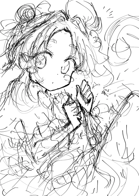 ミスティックとアルカナちゃん完成するまでまだかかるから、前に描いたアンサーちゃんラフ①から完成までを上げときます。私はいつもラフ段階はこんなこんな感じ 