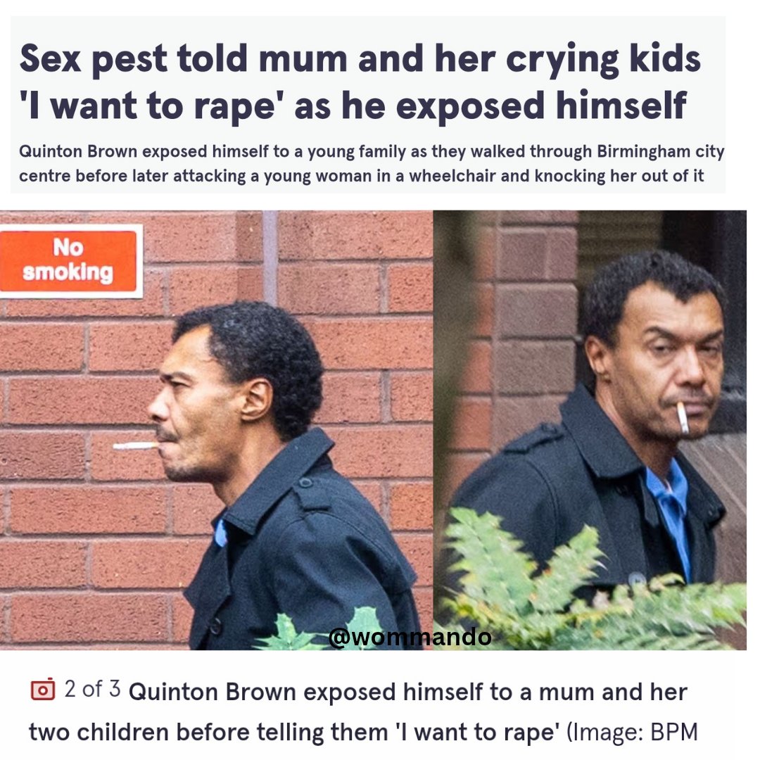 ⚠️🚨UTTERLY HORRIFIC LENIENCY
👉Read the judge's comments

Quinton Brown, 52, targeted a mother with her two children and sister in Birmingham city centre.

He grabbed one of the women by the face repeatedly saying "I want to r-pe with a white girl" then pulled down his trousers