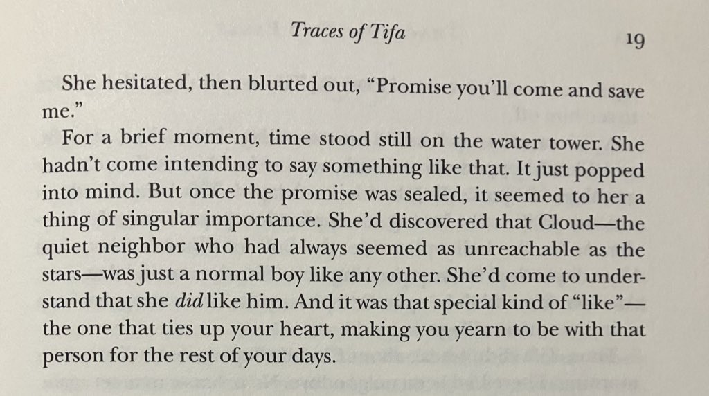 Everyone who read Traces of Two Pasts instantly knew this contrasted with Tifa’s revelation on the water tower. 

The moment where Tifa fell in love and is still in love with Cloud years later, meanwhile Aerith is having the opposite happen. 

There’s your “subtext” 😏