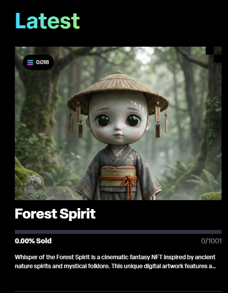 0xarkle's tweet image. Mint Latest Nft on @solana 

Live now on @LaunchMyNFT 👇

Forest Spirit:launchmynft.io/sol/22387

🌸RT + Comment WL

#NFTDrop #SolanaNFT #Tranding #Spirit