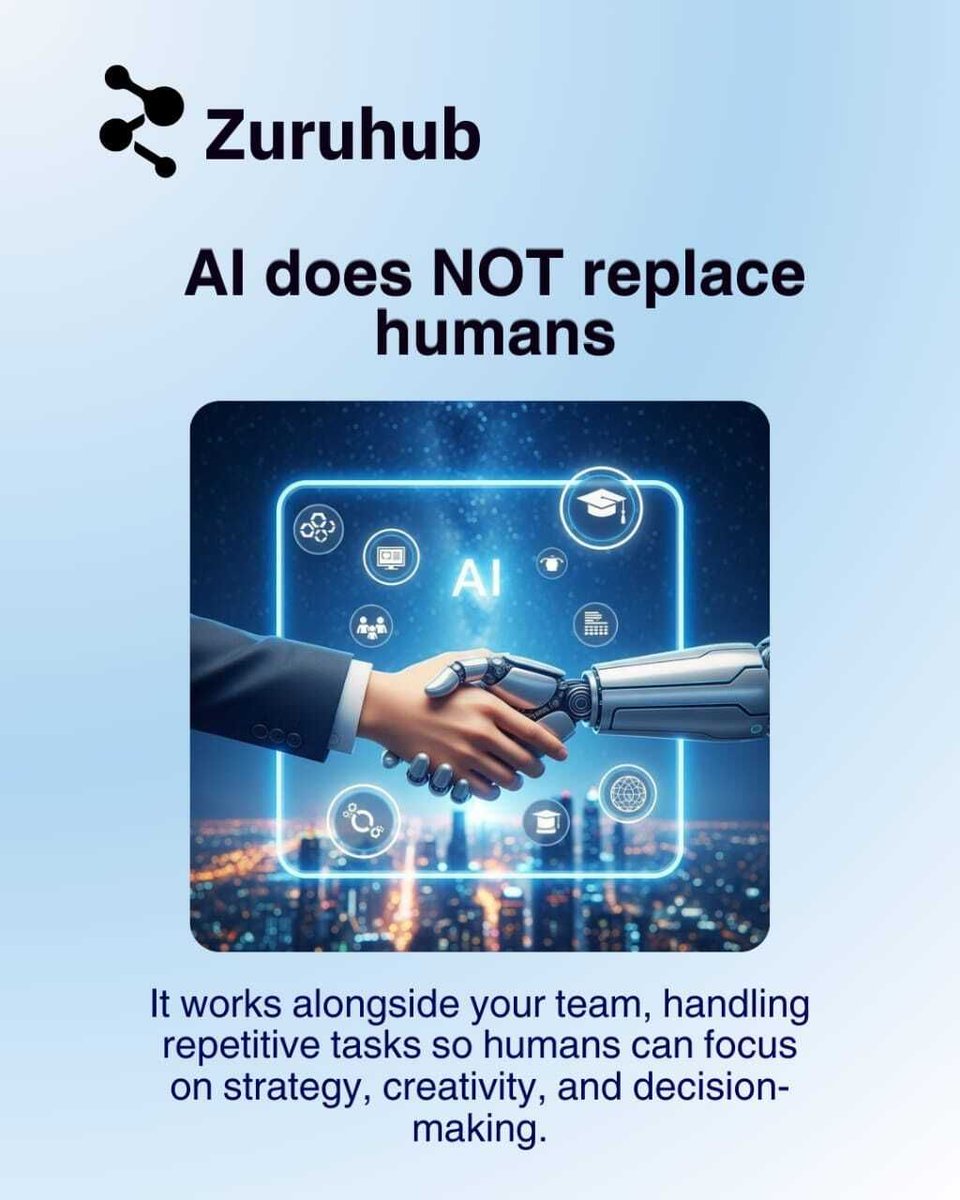 zuruhubweb's tweet photo. AI integration isn’t complex — it’s smart.
It automates tasks, analyzes data faster, and boosts efficiency.
AI doesn’t replace people; it empowers them.
It’s not coming — it’s already here.
#Zuruhub #AIIntegration #SmartBusiness #TechInnovation https://t.co/zxMzR2sV3Z
