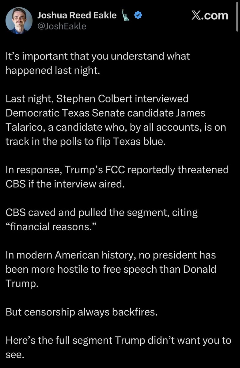 It’s important that you understand this isn’t what happened.

The equal time was for the primary. The person deprived was Jasmine Crockett, not a Republican. 

CBS News legal warned Colbert about the law. They spun this hoax instead.