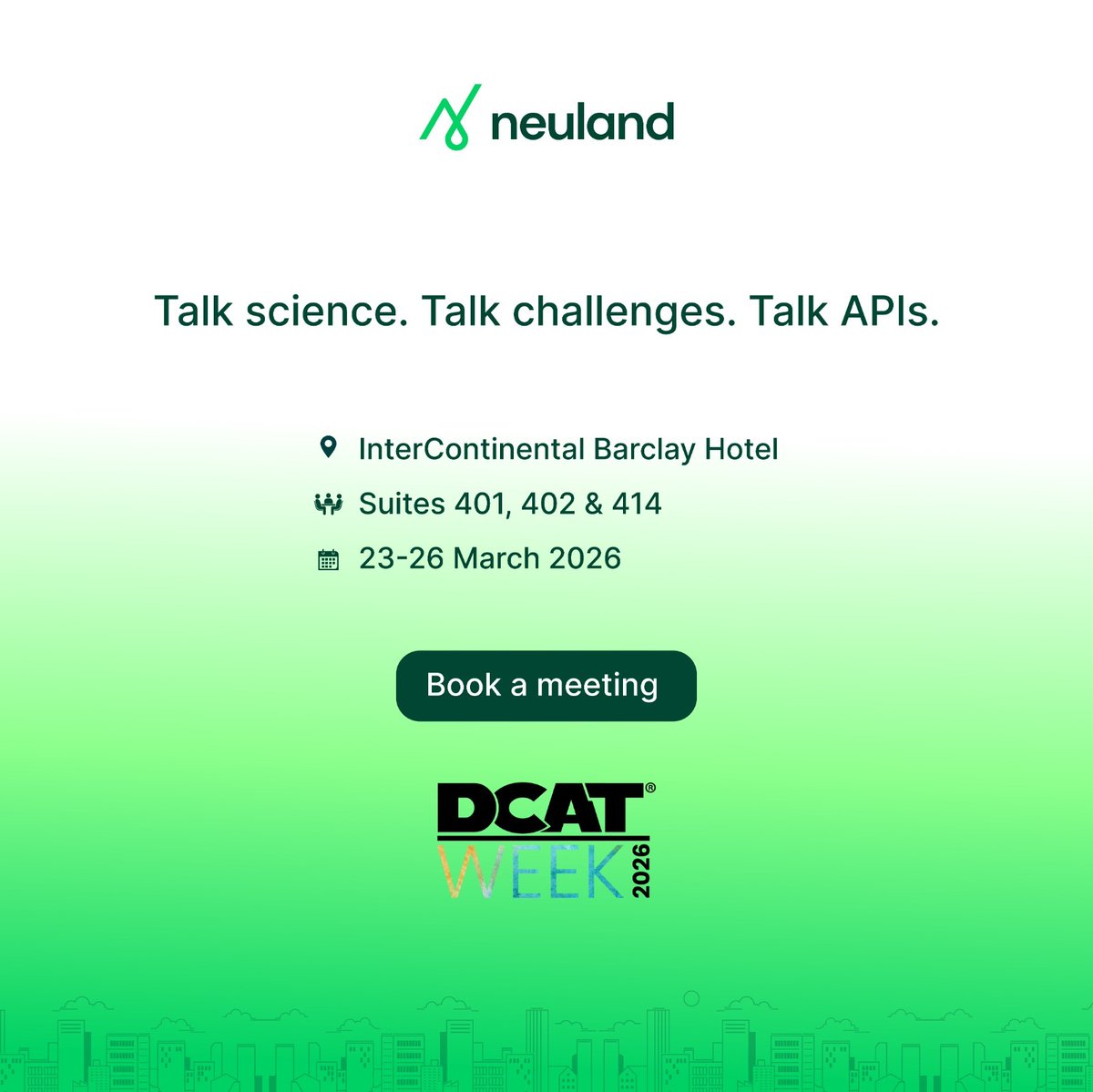 Meet our top leadership and scientific experts at DCAT Week 2026 to learn how Neuland has empowered Pharma and Biotech organizations to successfully overcome complex API challenges. Book a meeting: hubs.la/Q043yr180
📍 InterContinental Barclay Hotel — Suites 401, 402 &amp; 414