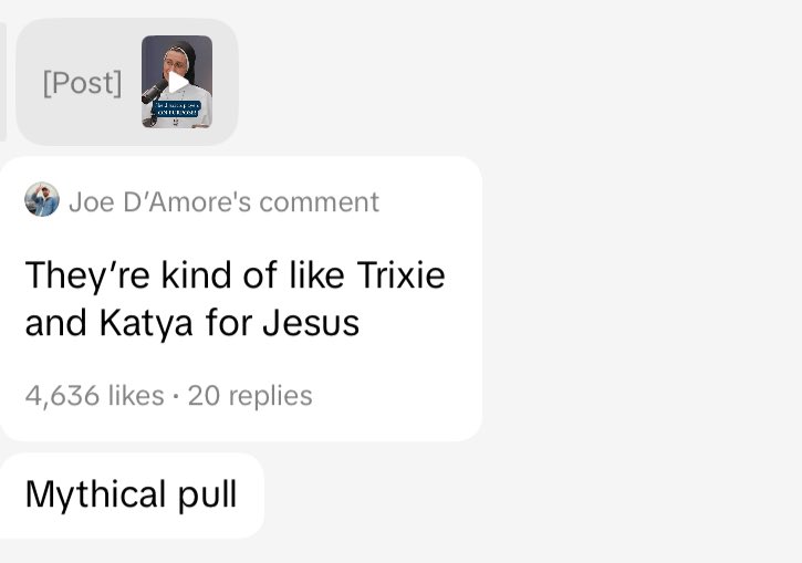 YPZBYDJCMKatyaa's tweet image. my catholic boyfriend is on a very niche side of tiktok where there are two nuns with a podcast that people say are like the trixie and katya of jesus