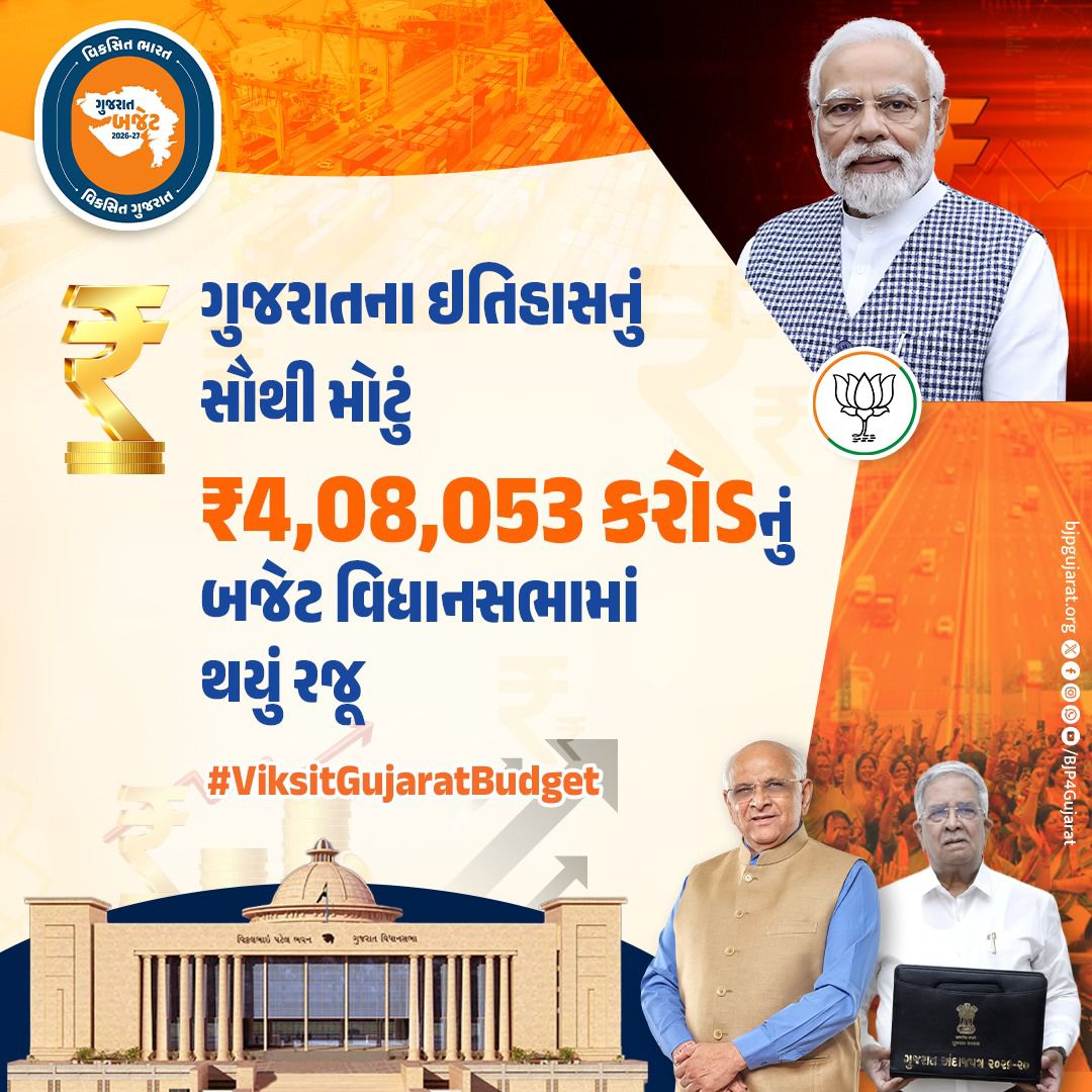 rydesai1's tweet photo. ગુજરાતના ઇતિહાસનું સૌથી મોટું ₹4,08,053 કરોડ કરોડનું બજેટ વિધાનસભામાં થયું રજૂ

#ViksitGujaratBudget
#અડગ_નેતૃત્વ_અવિરત_વિકાસ https://t.co/sTatObVS8m