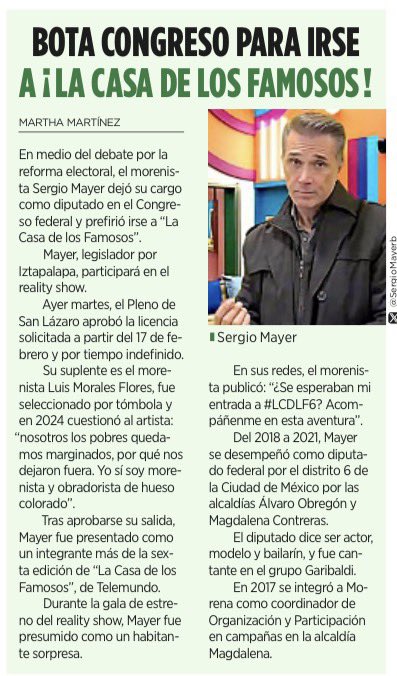 ¿Y tu país es bananero? 

Pues… 

En plena reforma electoral, Sergio Mayer deja el Congreso…para irse a La Casa de los Famosos.

De legislar a hacer reality.
De representar ciudadanos a buscar rating. 

Más que burla esto es una ofensa. Morena es una plaga de-ca-den-te.