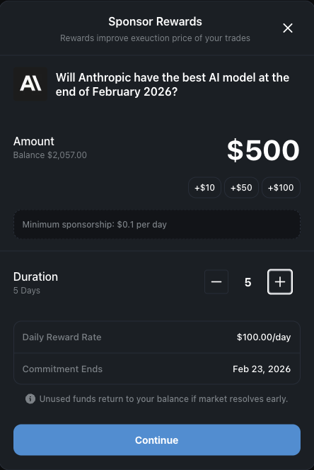 Polymarket just shipped sponsored rewards for ANY market 🚨

game changer for illiquid markets. u can basically incentivize volume on any market by adding rewards yourself.

before if u got an edge on a niche market, u couldn’t actually deploy size. trying to ape $10k into a thin