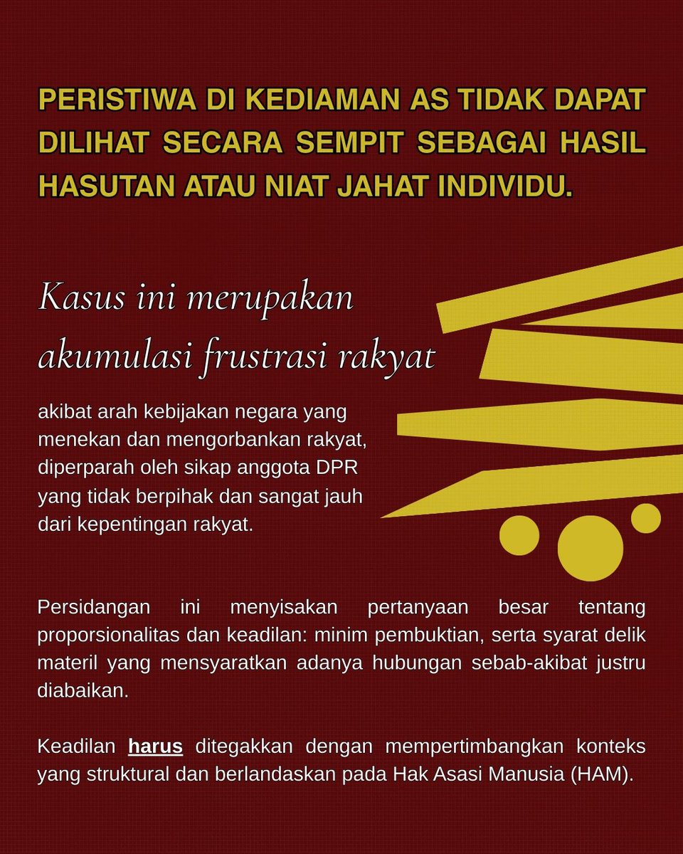 BerhakProtes's tweet image. 📢 Panggilan Hadir di Sidang Putusan Tapol BESOK!

Sidang putusan terhadap sembilan korban kriminalisasi dalam peristiwa kericuhan di rumah AS pada Agustus 2025.

🗓️ Kamis, 19 Februari 2026
⏰ 13.00 WIB
📍 PN Jakarta Utara (Sunter)

Datang. Bersolidaritas. Lawan Kriminalisasi!