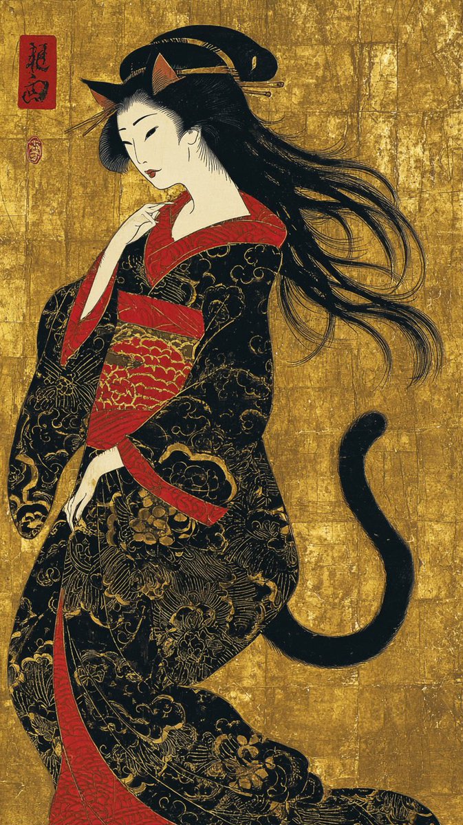 ukiyoecat's tweet photo. 黒き衣に、黄金の気配。
月夜に舞うのは、猫か、女か。

#UkiyoeArt
#JapaneseAesthetic
#Nekomata
#猫又庵 
#LuxuryArt https://t.co/5E7TnhBQ4q