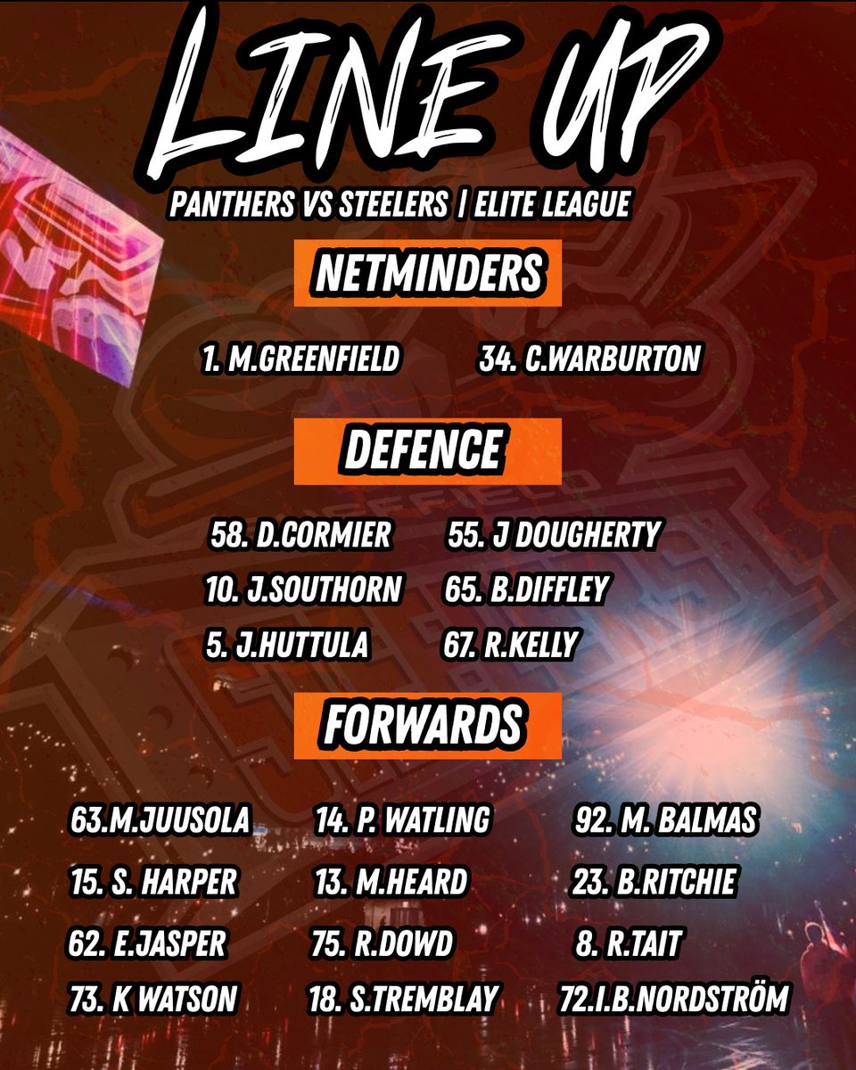 PaddySmithDJ's tweet photo. RT @steelershockey: How your Sheffield Steelers line up today against the Nottingham Panthers 🧡🏒

#SteelersHockey https://t.co/G5WMlmdK7r