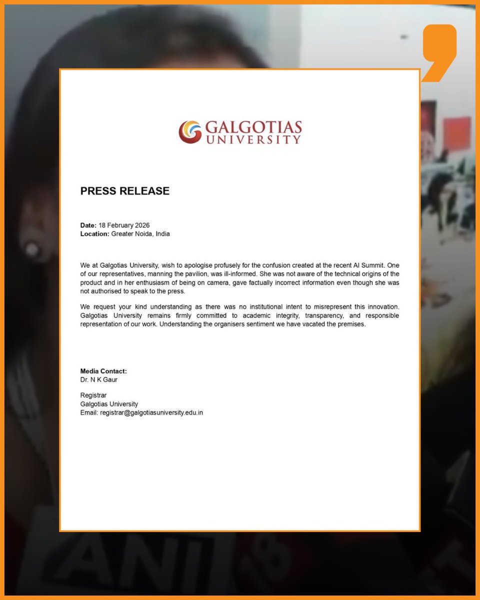 News9Tweets's tweet image. #GalgotiasUniversity has issued a public apology following the #controversy over the display of a Chinese-made #robodog at the AI Impact Summit expo.

#AIImpactSummit #IndiaAIImpactSummit2026