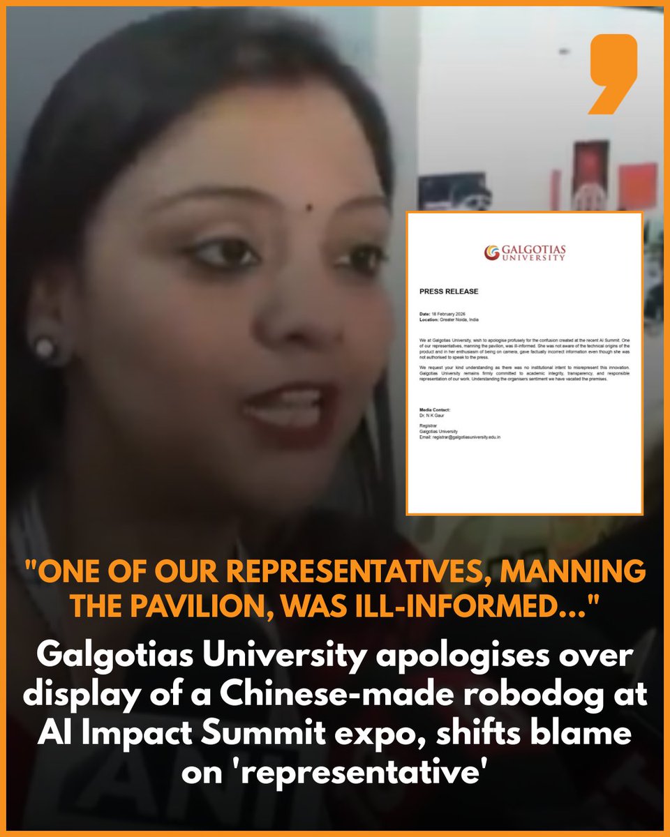 News9Tweets's tweet image. #GalgotiasUniversity has issued a public apology following the #controversy over the display of a Chinese-made #robodog at the AI Impact Summit expo.

#AIImpactSummit #IndiaAIImpactSummit2026