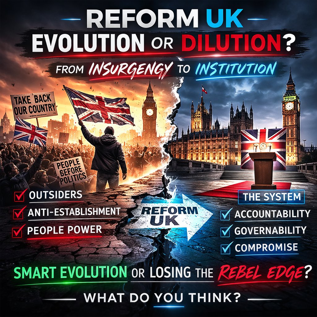 Is Reform transitioning from insurgent movement to conventional party? What does that cost them?
Reform UK started as a political insurgency. Anti establishment. Anti Tory machine. Anti Westminster comfort culture.
Now we are seeing something different.
A structured shadow
