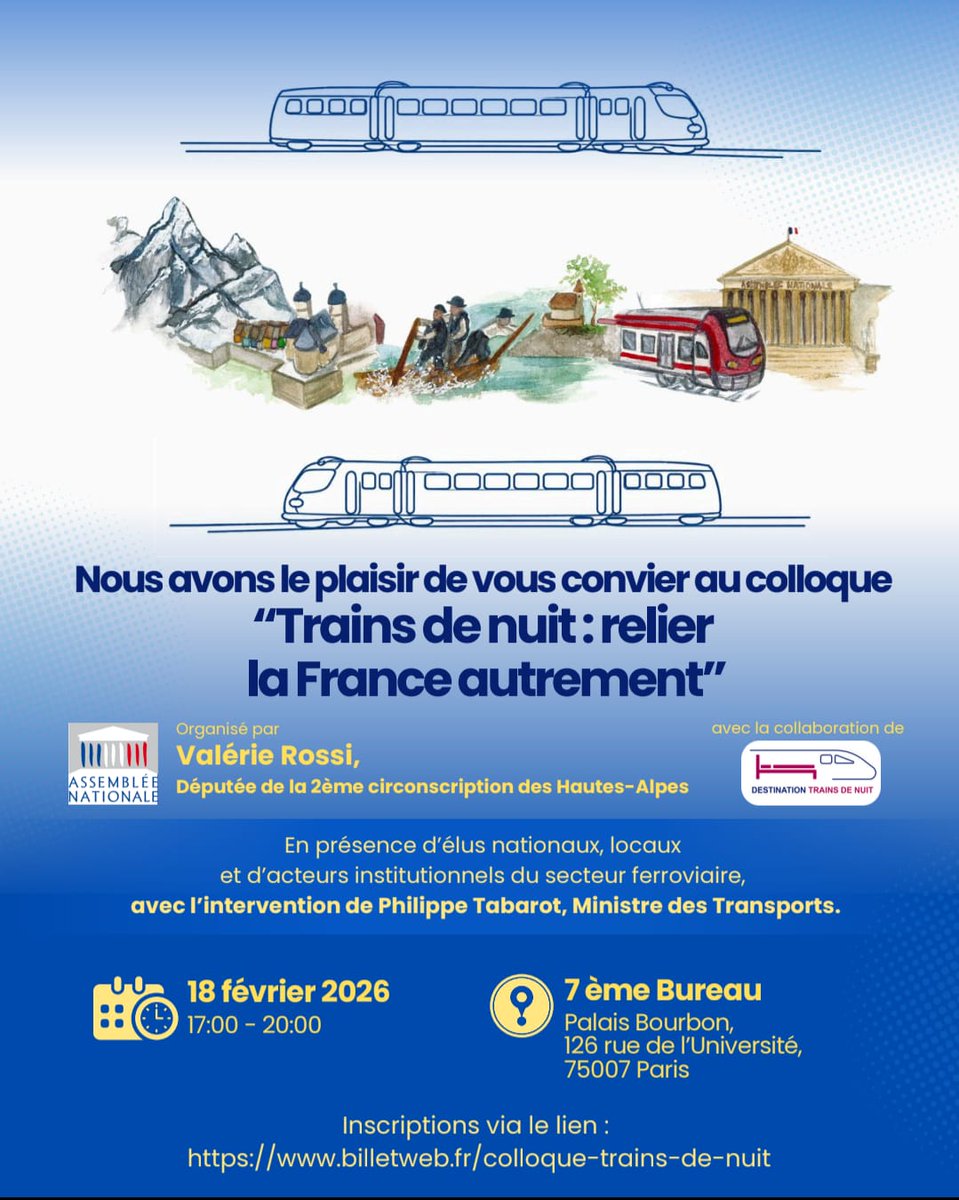 En train pour notre colloque «Trains de nuit : relier la France autrement», qui se tiendra aujourd'hui mercredi 18 février 2026, de 17h à 20h, au Palais Bourbon.

destinationtrainsdenuit.eu/2026/02/12/col…
