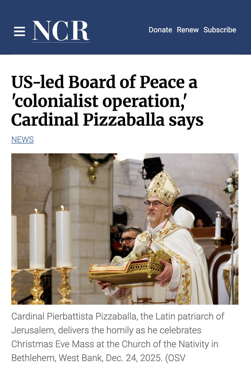 Cardinal Pizzaballa is 100% right to condemn Trump's Board of Peace for what it is: a "colonialist operation".

It's a scheme designed to plunder Gaza's reconstruction funds, enrich Trump's &amp; Kushner's buddies; obliterate Palestinian society &amp; history; &amp; cage the population.