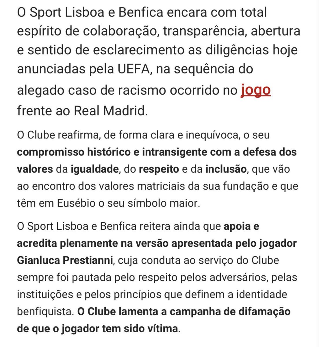 🚨 COMUNICADO DO SL Benfica: