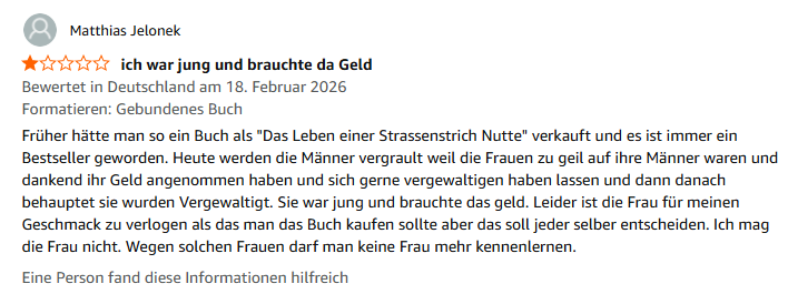 Amazon Bewertung zum Buch von #giselepelicot 

Was stimmt mit Männern nicht?!🤢