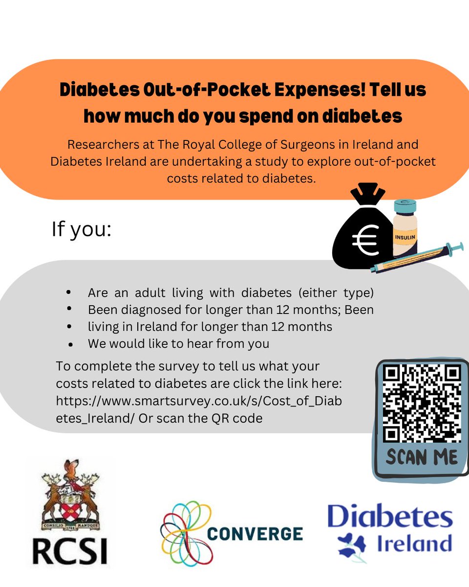 Diabetes_ie's tweet photo. ✨Last chance to complete the survey!!✨

Tell us how much do you spend on diabetes!

Researchers at The Royal College of Surgeons in Ireland with support from Diabetes Ireland are undertaking a study to explore out-of-pocket costs related to diabetes.

If you:

Are an adult living with diabetes (either type)
Been diagnosed for longer than 12 months;
Been living in Ireland for longer than 12 months
We would like to hear from you!

To complete the survey to tell us what your costs related to diabetes are click the link here:
https://t.co/KBgep5HOCn

Or scan the QR code from the picture