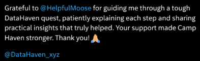 Grateful to a dedicated Moose Force community member for guiding me through a challenging DataHaven quest, patiently explaining each step and sharing practical insights that truly helped me grow. Your support made Camp Haven stronger. 

@datahaven_xyz