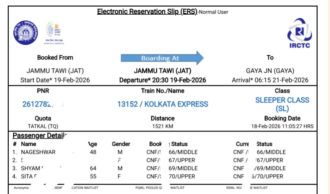 nitishkumar9801's tweet photo. Sir today I booked a ticket in train no 13152 from JAMMU TAWI to GAYA in tatkal Quota. But being senior citizen the IRCTC not allotted lower berth. My parents are aged 64 and 55 years how can my parents travel. Please do necessary. @IRCTCofficial @RailMinIndia @AshwiniVaishnaw https://t.co/pFmwmCE5Yn