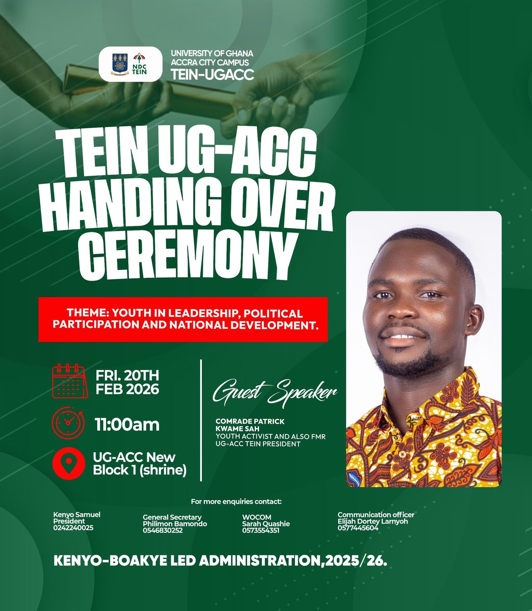 I'm truly honored to share that I'll be speaking at the TEIN UG-ACC handover ceremony this Friday.

 Looking forward to inspiring young minds on how networking sparks opportunities and drives change  ❤️💚🤍🖤🇬🇭 

#NyaGyedie