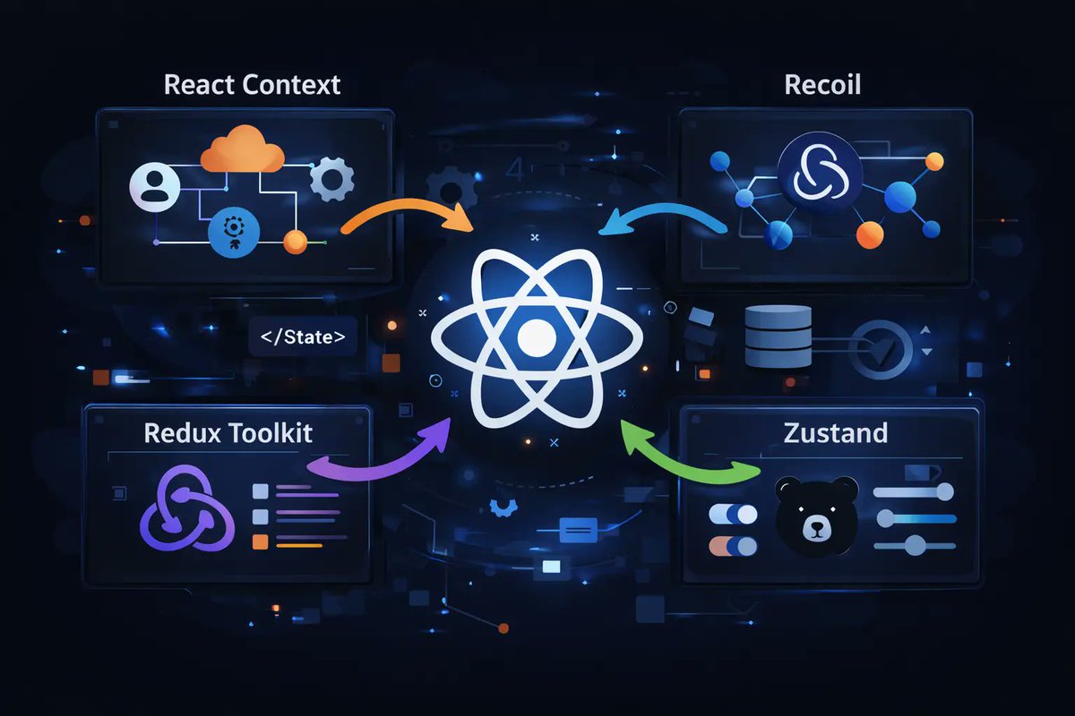 dflow_sh's tweet photo. React Context vs Redux Toolkit vs Recoil vs Zustand

Context → simple, global, mostly static state
Redux Toolkit → predictable, great for large apps
Recoil → fine-grained, reactive state
Zustand → minimal setup, powerful defaults

More 👇
https://t.co/97AlCgg4Lq https://t.co/UIjpIJtpjN