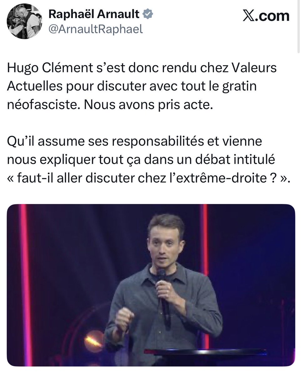 Vous voyez <a href="/ArnaultRaphael/">Raphaël Arnault</a>, échanger, discuter, débattre, c’est sûrement imparfait, mais c’est toujours mieux que la violence et le lynchage d’un homme à terre. 

Quand le débat n’est plus possible, la haine déferle. Le sectarisme conduit, à la fin, au drame. 

Condoléances aux