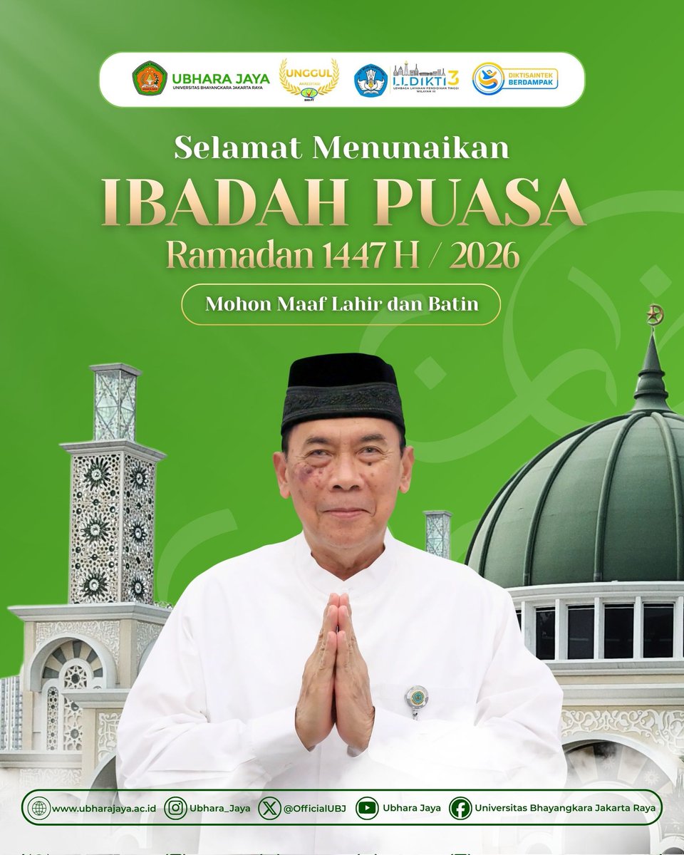 OfficialUbj's tweet photo. Marhaban ya Ramadhan 1447 H 🌙
Rektor dan Sivitas Akademika Universitas Bhayangkara Jakarta Raya mengucapkan
Selamat menunaikan ibadah puasa 🙏
Mari isi bulan suci dengan ibadah terbaik, hati yang bersih, dan semangat berbagi.
#UbharaUnggul #Ramadhan1447H #MarhabanYaRamadhan https://t.co/uqql6OEsS4