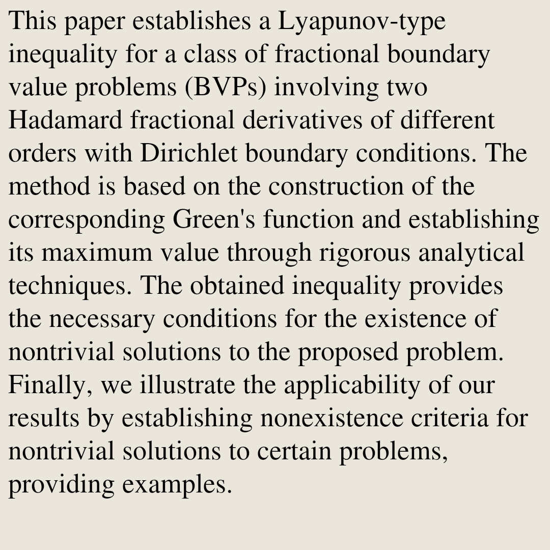 Lyapunov-type inequality for fractional BVPs involving two Hadamard fractional derivatives of different orders

Zaid Laadjal
arxiv.org/abs/2602.13338 [𝚖𝚊𝚝𝚑.𝙶𝙼]