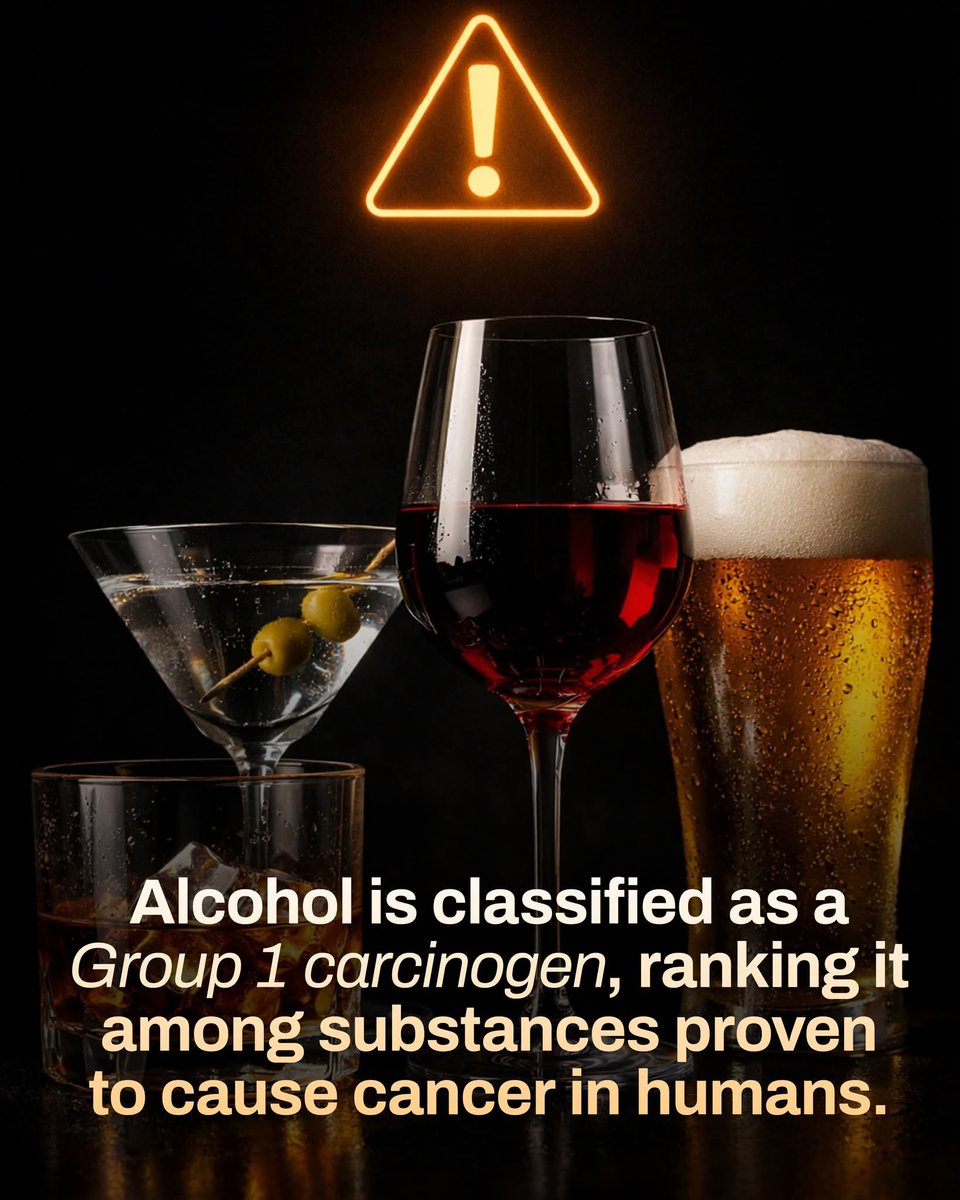 🚨 Alcoholic beverages have been classified as a Group 1 carcinogen by the World Health Organization’s International Agency for Research on Cancer (IARC) since 1988. 

This classification means there is sufficient scientific evidence that alcohol causes cancer in humans. 
As a
