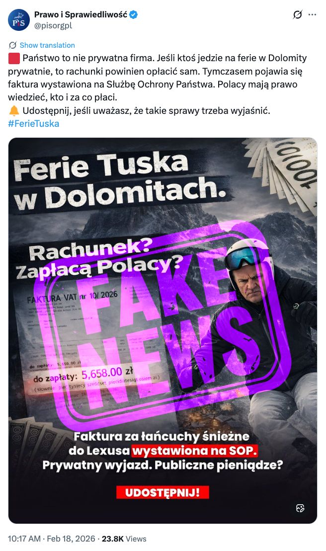 FAKE NEWS by PiS

📌Łańcuchy zakupiono do aut <a href="/SOP_GOV_PL/">Służba Ochrony Państwa</a>, a nie do prywatnego użytku Premiera <a href="/donaldtusk/">Donald Tusk</a>.
📌 Łańcuchy znajdują się w magazynie SOP.
📌 Nie zostały jeszcze użyte.
📌 Pasują do samochodów pozostających w stałej eksploatacji: Isuzu D-Max oraz dwóch Mercedesów G320.