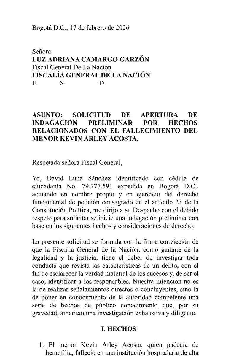 🚨🚨Por Kevin interpuse ante la Fiscalía una solicitud formal para que se abra indagación preliminar y se investigue a fondo lo ocurrido.

Un niño de seis años no puede morir esperando un medicamento en Colombia. Y mucho menos puede revictimizarse a su familia ni desviar la