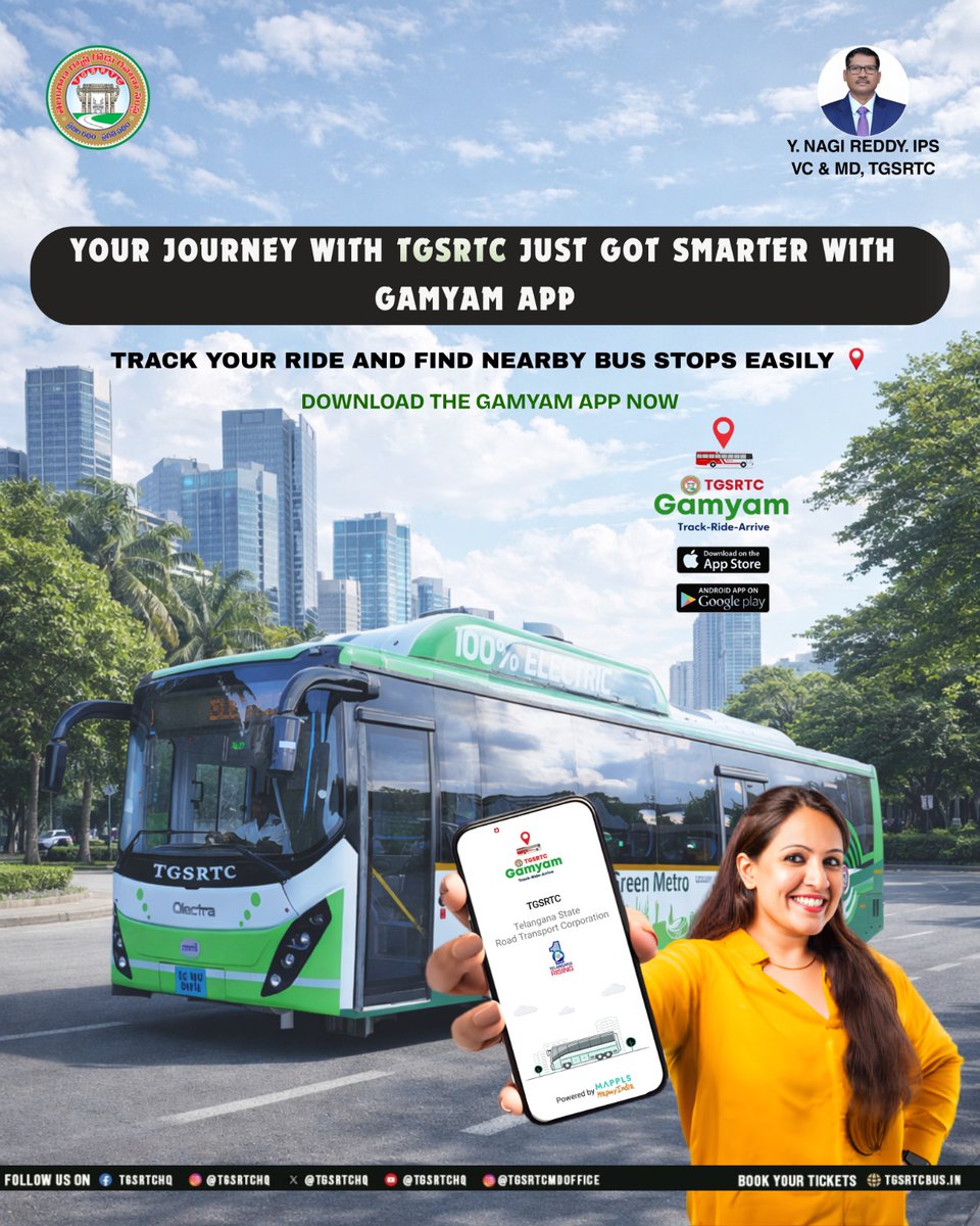 TGSRTCHQ's tweet photo. Your commute just got smarter! 🚍
Track rides, find bus stops &amp; travel stress-free with the Gamyam App.
 📲 Download now and move smarter every day.

#TGSRTC #GamyamApp #SmartTravel #PublicTransport #BusTracking #telangana #hyderabad https://t.co/XOCQvAUhUF