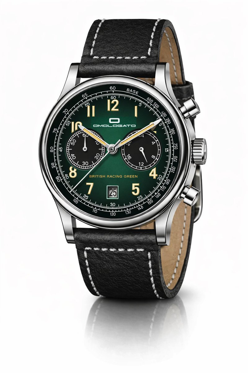 The all new British Racing Green Chronograph is in production and features a bespoke fumé dial with subtle aurum indexes. 

The all new Stainless Steel case houses a highly accurate Japanese mech-quartz movement.

£425.00.
omologatowatches.com/all-watches/br…