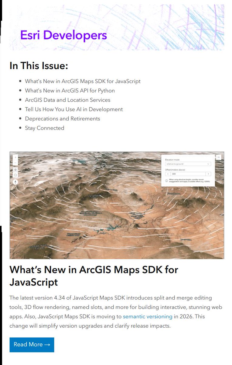 TheGeoWhisperer's tweet photo. 🗞️The next #EsriDeveloper Newsletter is coming soon! Get news delivered to your inbox for popular #developertechnology:

☕ ArcGIS Maps SDK for JavaScript
🐍 ArcGIS API for Python
👀 And more...

Check out the last issue! Don't forget to subscribe ⤵️
https://t.co/HbPqA7fv0X https://t.co/PB4ruM7hVH