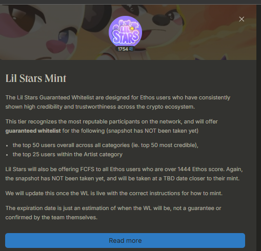Proud to say that Lilstars are top 30 in "Emerging Projects" on <a href="/ethos_network/">Ethos</a>🫡

We also offered some Whitelist to reputable people in the web3 space.

Note: Snapshot has been taken!

Know more about <a href="/Lilstarrrs/">LIL STARS⨀ (Minting February)</a> in the stream hosted by <a href="/serpinxbt/">Serpin Taxt</a>