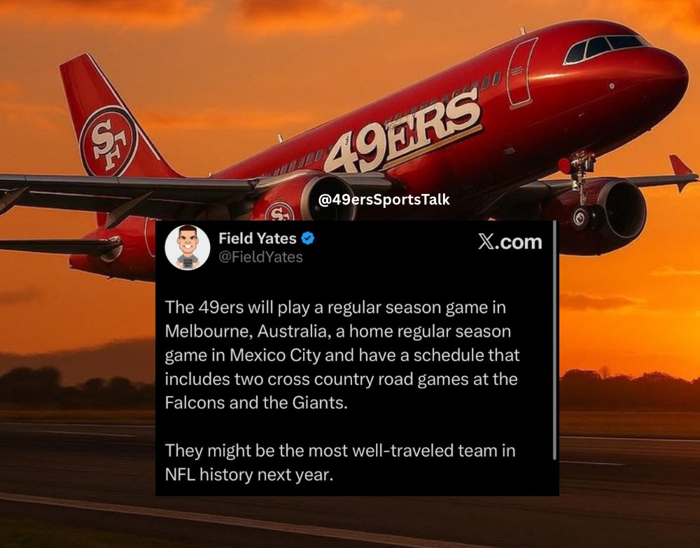 49ersSportsTalk's tweet image. The #49ers are about to break the record for the most well-traveled team in NFL history 

VIA: @FieldYates | #Niners 🧳✈️🏟️
