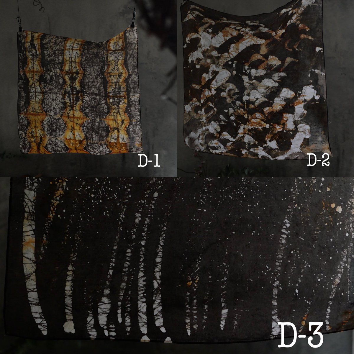 ⚫︎sabi-nuno × 石黒雄大　小風呂敷　
　
⚫︎sabi-nuno × 山貫工作舎　小風呂敷　

▪️50×50 cm
▪️綿× 鉄媒柿渋ろうけつ染め
▪️7.480

雄大さん貫太郎さんが
蝋でダイナミックな絵を描きました
それを慶子さんのセンスで
鉄から錆を出して染める
そんな奇跡的なコラボとなりました