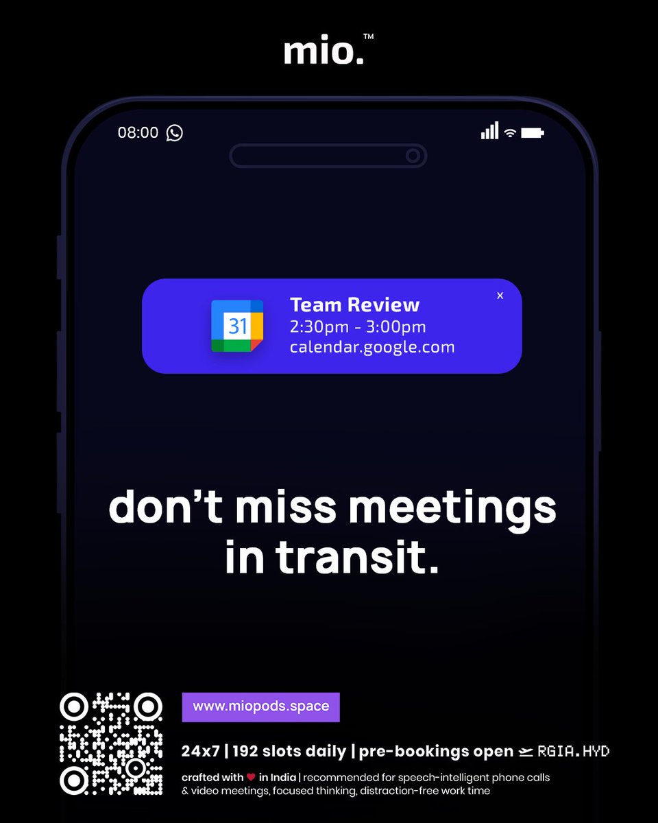 miopods_space's tweet photo. On-demand upgrade for team meetings!

Say hello to 30 minutes of distraction-free focus right next to your boarding gate at @RGIAHyd 

Pre-bookings open!

#MioPods #30MinFocus #Experience #Privacy #Airports #HYD https://t.co/GbMgtSdxrj
