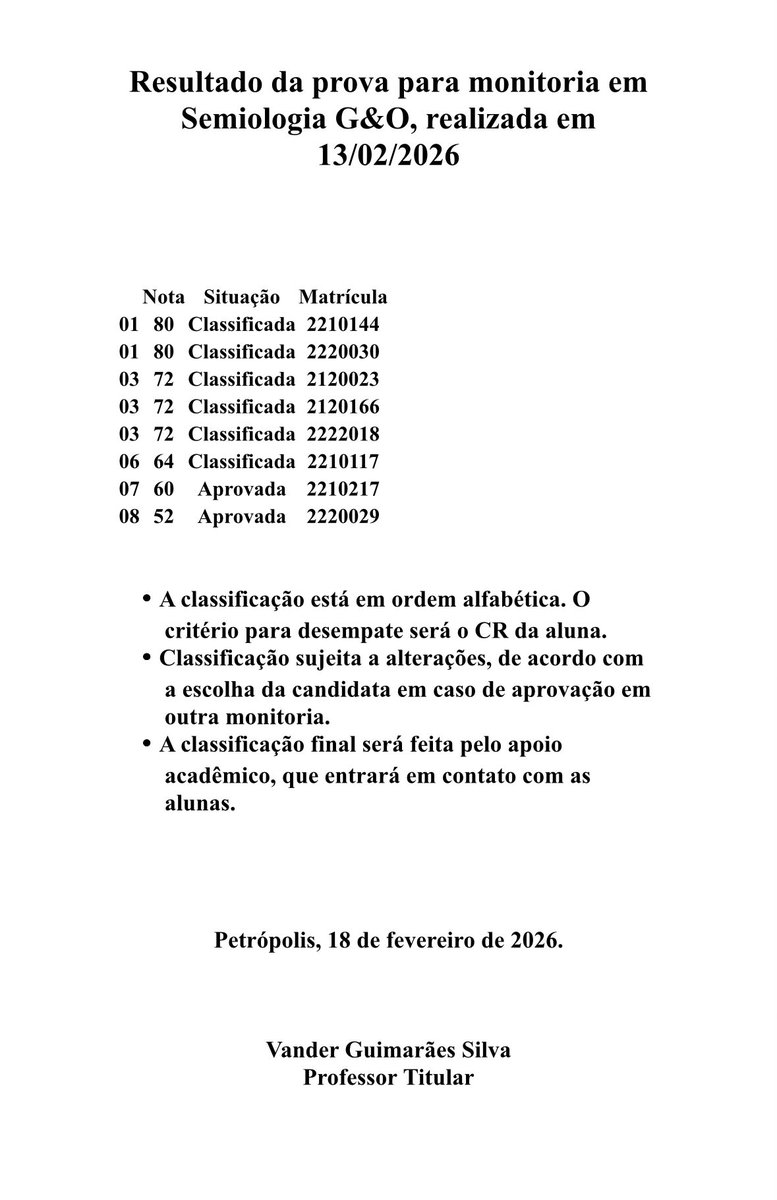 tocoginecofmp's tweet photo. Resultado Monitorias Semio e Clínica GO: https://t.co/Oyjk81weiK