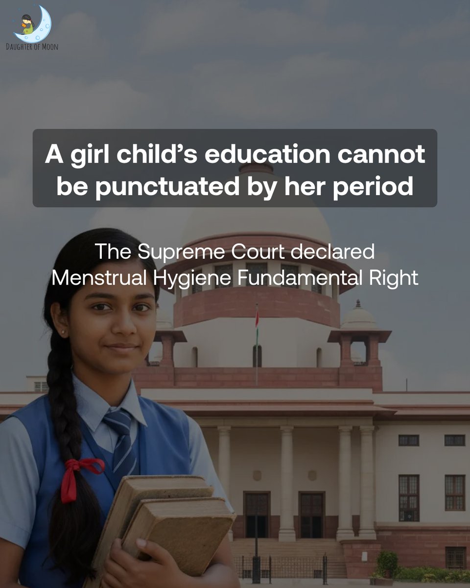 DaughterOf_Moon's tweet photo. The Supreme Court of India has declared menstrual hygiene a Fundamental Right.

“No girl’s education should pause because of her period.”

This is dignity. This is equality.

Now every school must listen.

#PeriodDignity #GirlsEducation #EndPeriodStigma #DaughterOfMoon https://t.co/bBjmJd6mYP