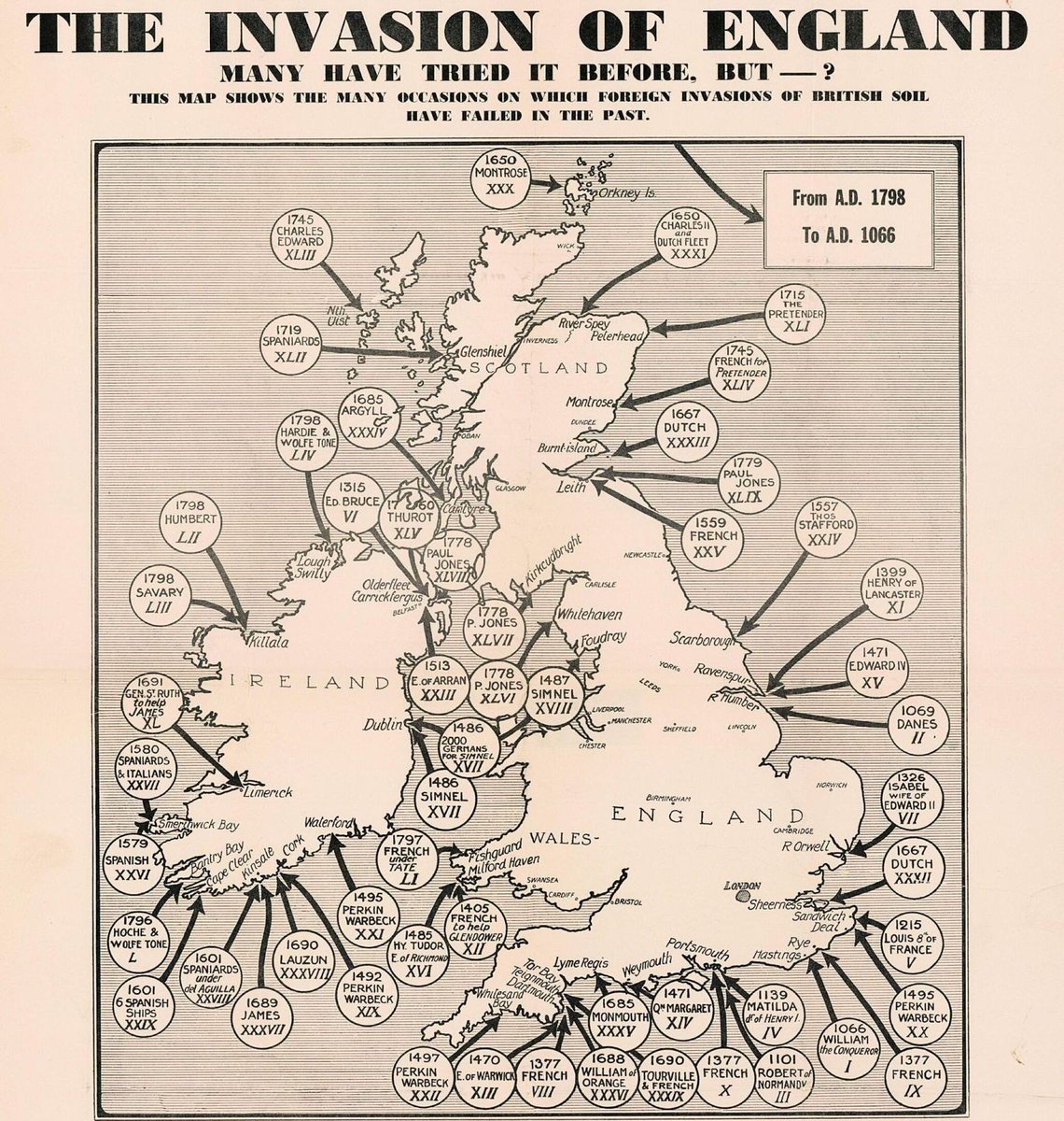 Map of foreign invasions of Britain from 1066 to 1798, published in 1940