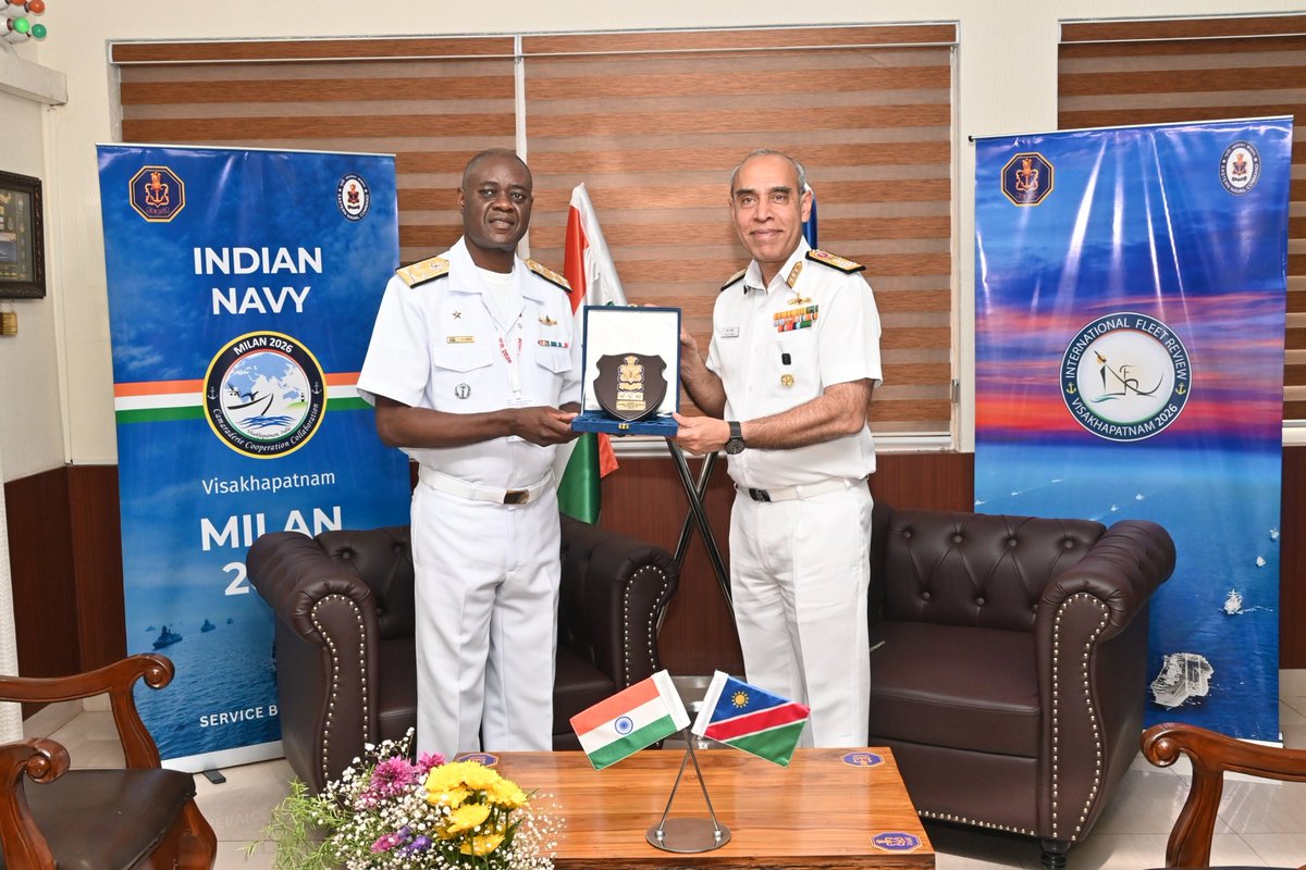 indiannavy's tweet photo. With #IndianNavy ships continuing professional engagements in the region - including the recent port call of #INSTushil at Walvis Bay, Namibia - VAdm Tarun Sobti, #DCNS, engaged with RAdm Sacheus Randy Gonteb, Navy Commander of the Namibian Navy, at Visakhapatnam.
🇮🇳 🤝 🇳🇦

The interaction focused on enhancing cooperation through training exchanges, professional interactions, and avenues for operational engagement.

@IndiainNamibia

#MILAN2026
#IndianNavy
#UnitedThroughOceans
